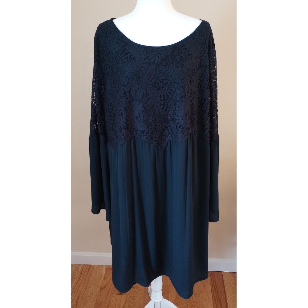 Chelsea 28 Plus Size Long Sleeve Lace Bodice Baby Doll Dress Size:3X Navy NWOT